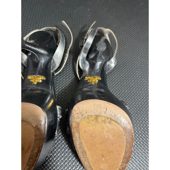 Prada Milano Silver Metallic High‎ Heels Strappy Womens Shoes Size 37.5 US 7.5 - Picture 7 of 12